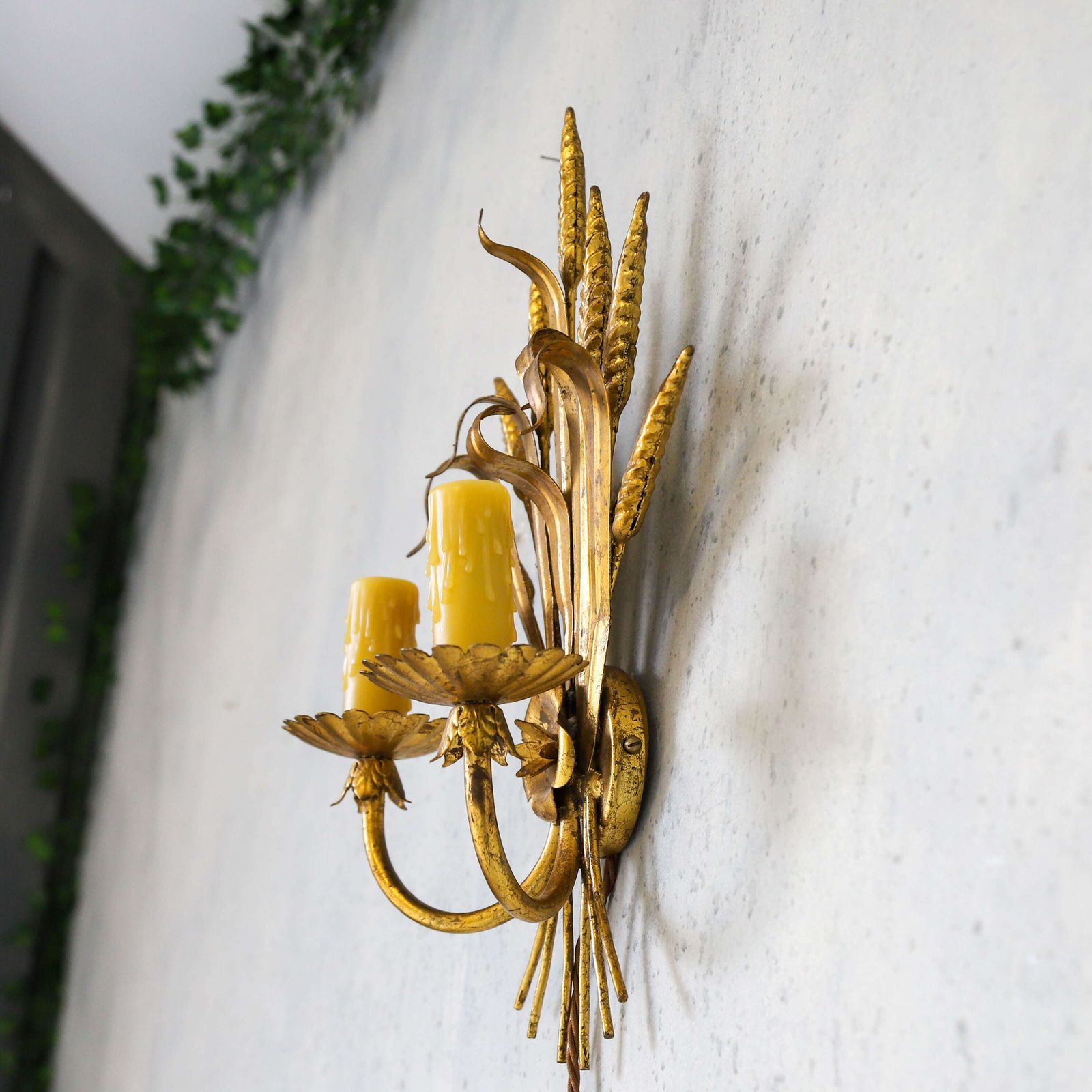 photo for sale ​​​​​​​English Mid‑Century Twin‑Candled Gilt Metal Electric Wall Sconce