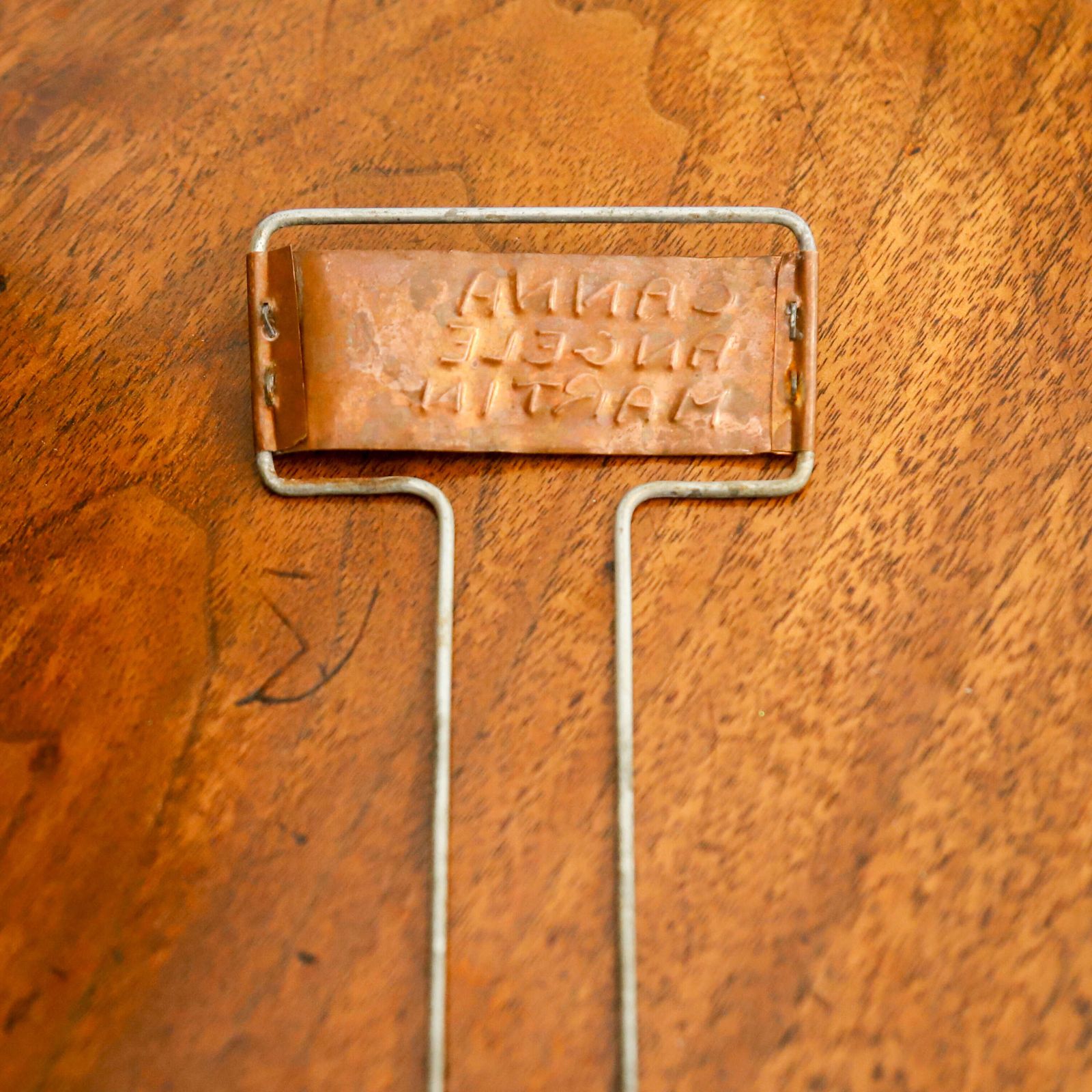 photo buy Large Collection Of Vintage English Estate Gardener’s Copper Plant Labels In 1950s Basket