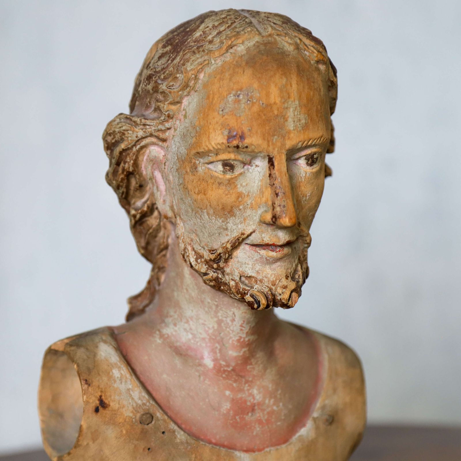 18th Century Polychrome Olive Wood Bust – Carved Head Of Christ, Italian, Sicilian photo vintage