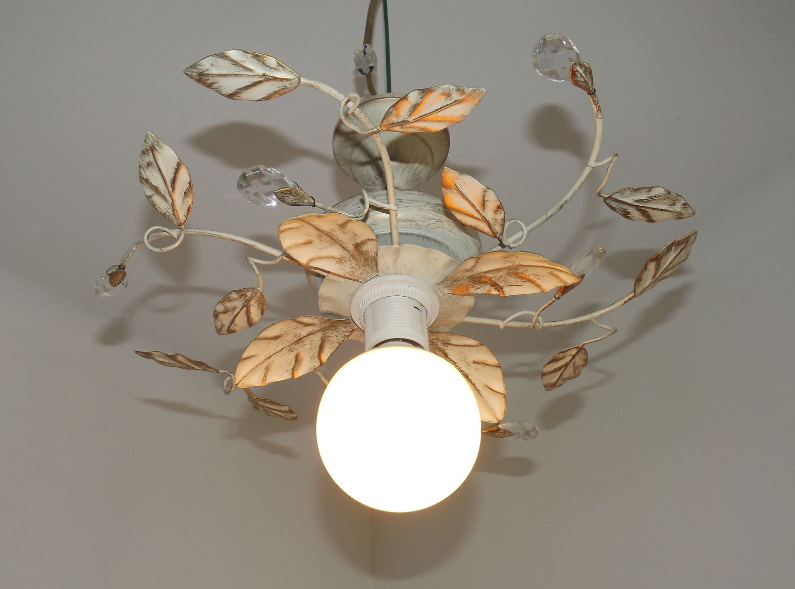 Charming Vintage Toleware Semi Flush Ceiling Light Cream And Gold Leaves Glass Crystals Beads photo furniture