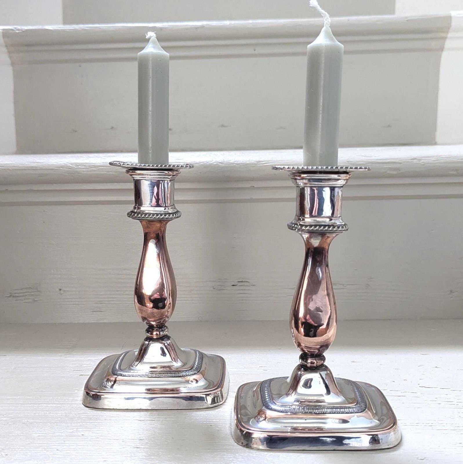 Antique Silver Plate Candlesticks, English Georgian Style Pair