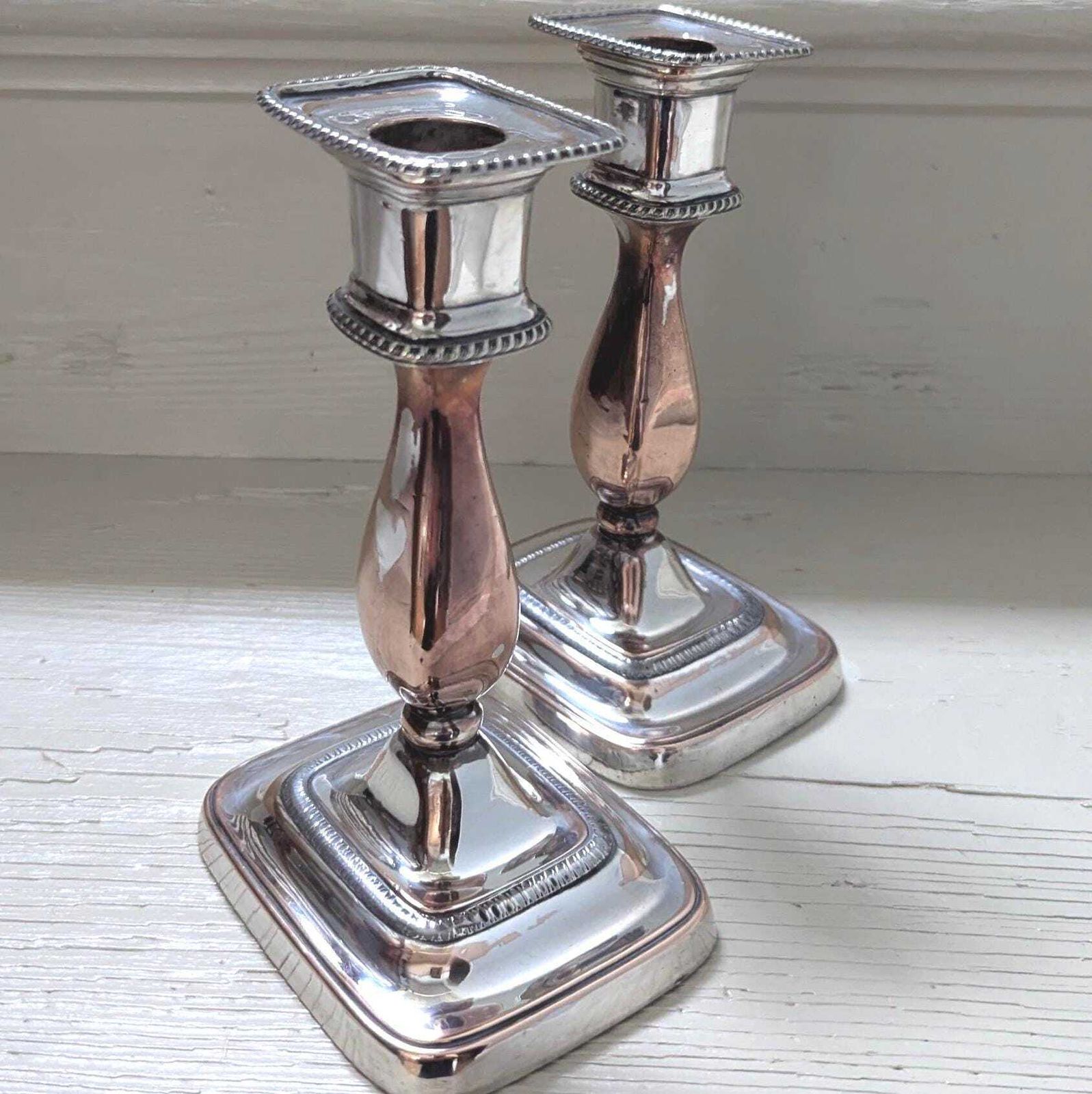 Antique Silver Plate Candlesticks, English Georgian Style Pair photo furniture
