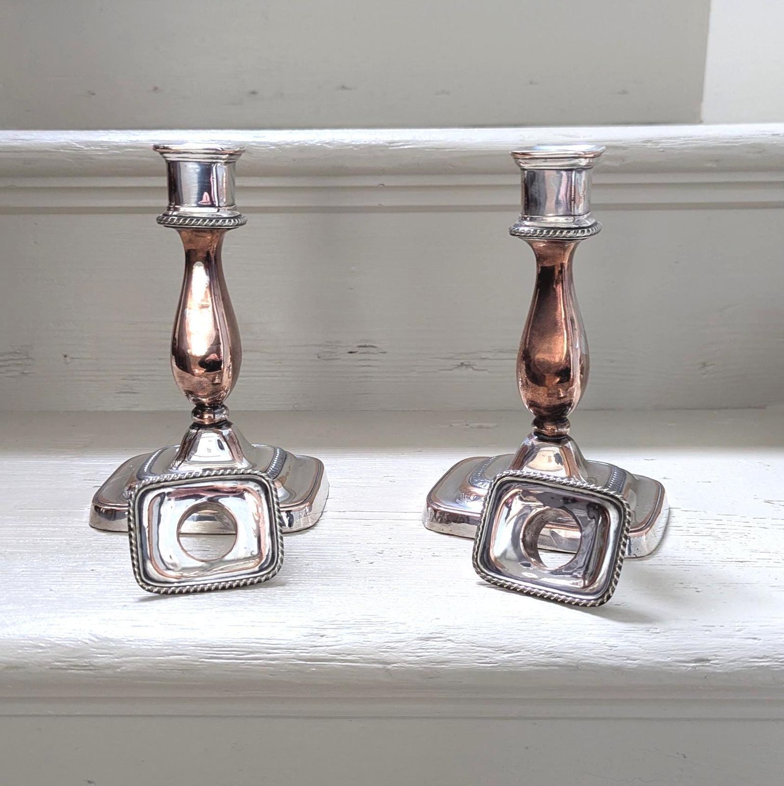 Antique Silver Plate Candlesticks, English Georgian Style Pair photo Home Decor