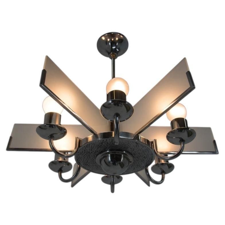 Six Arm Art Deco Chandelier In Chrome And Sandblasted Glass, 1940s photo furniture