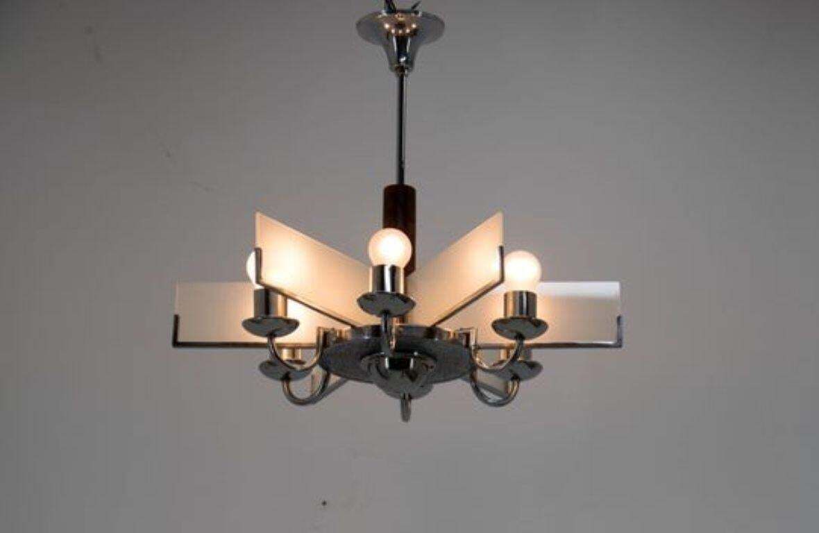 Six Arm Art Deco Chandelier In Chrome And Sandblasted Glass, 1940s photo buy