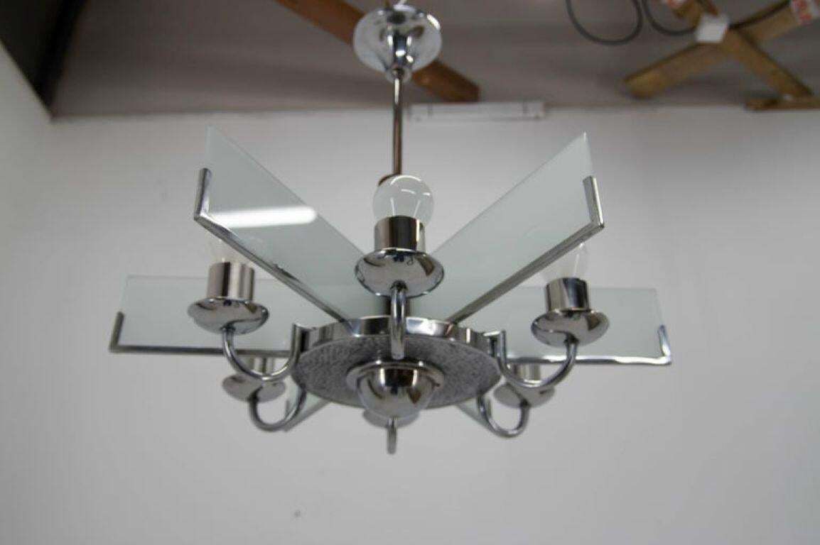 photo furniture Six Arm Art Deco Chandelier In Chrome And Sandblasted Glass, 1940s