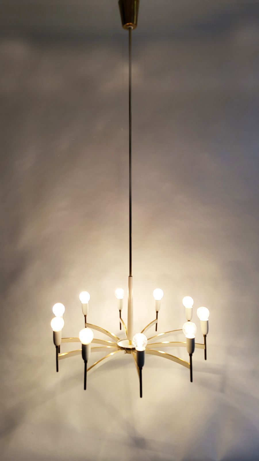 photo for sale Modernist Austrian Brass Chandelier By Rupert Nikoll, 1950s
