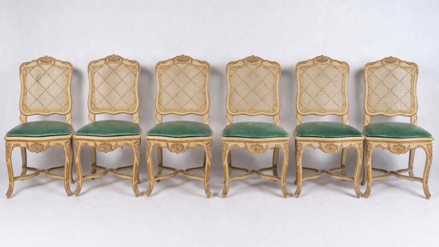 Set Of 6 Carved And Lacquered Wooden Chairs In The Louis XV Style, 20th Century. photo vintage