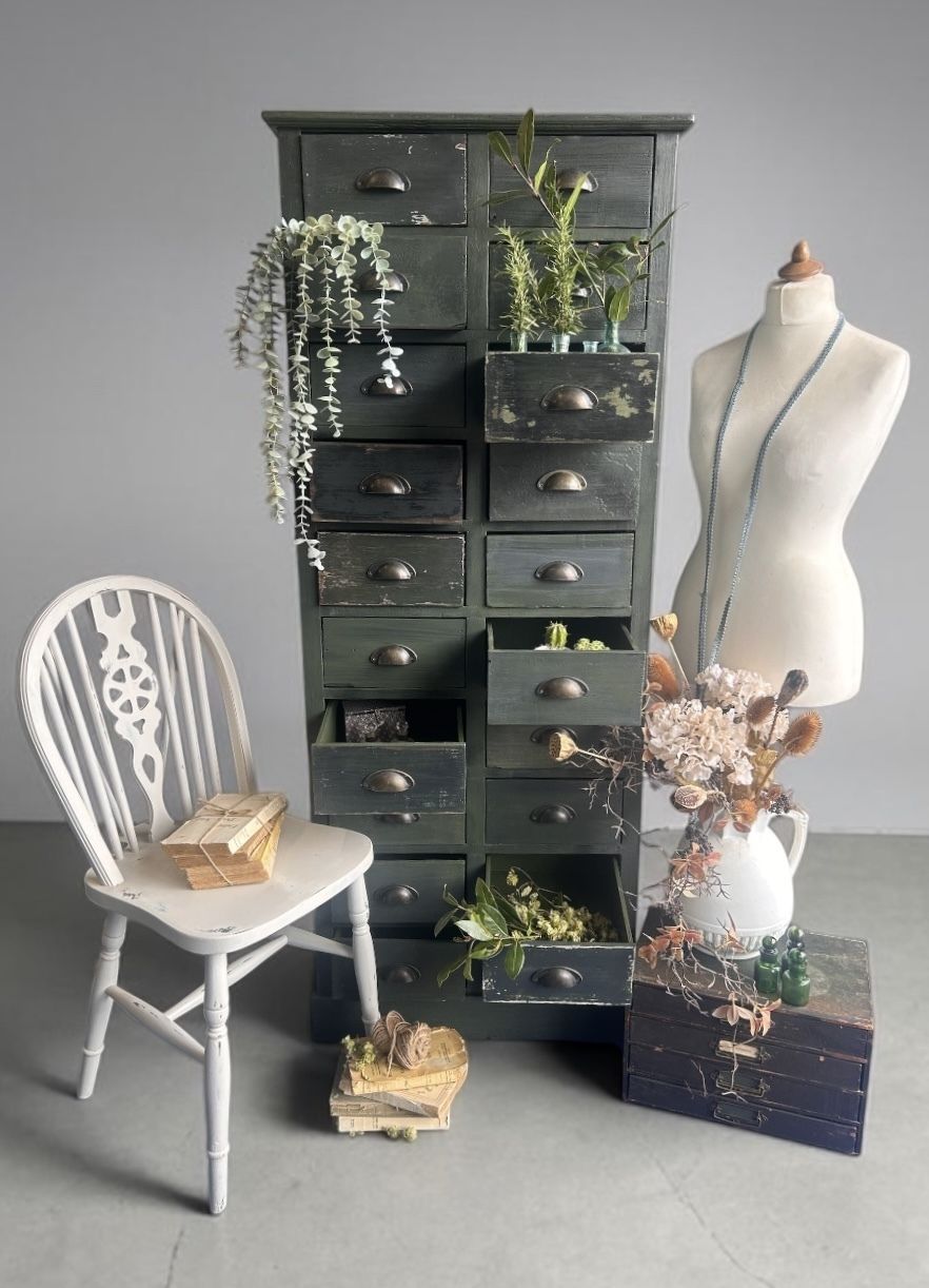 Forest Fire Cabinet | Tall Apothecary Drawers In Layered Green Finish