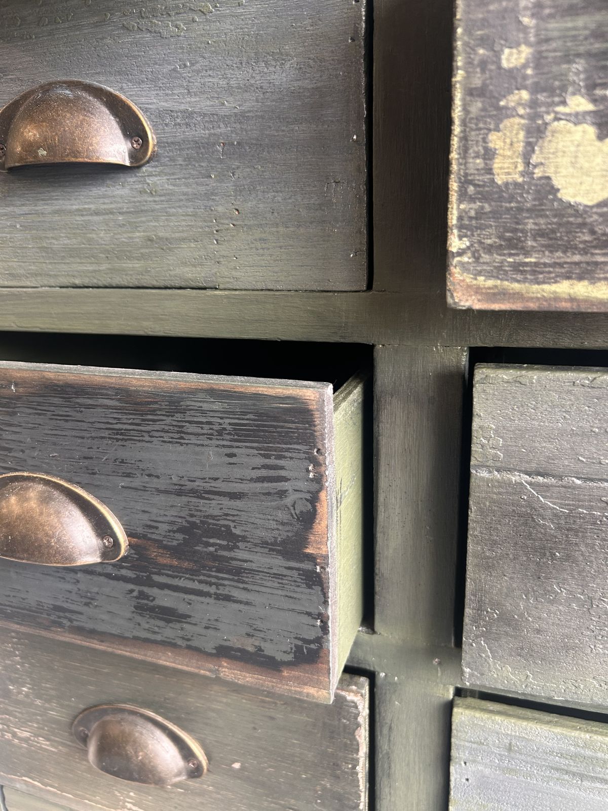Forest Fire Cabinet | Tall Apothecary Drawers In Layered Green Finish photo buy