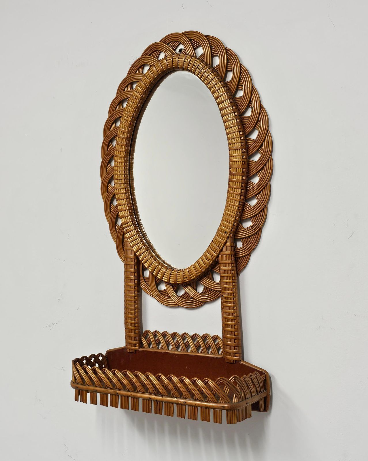 3014.0 Set Of 2 Mid Century Rattan Wall Mirrors With A Shelf, Italy 1970s photo