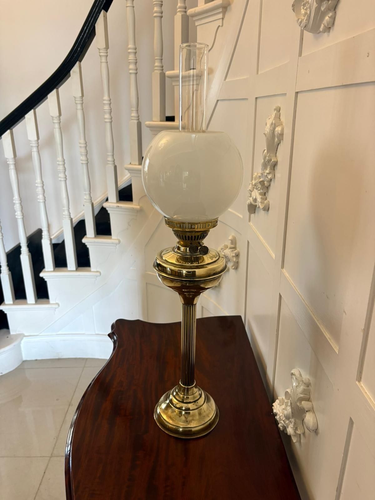 Antique Early 20th Century English Brass Oil Lamp With Opaline Shade