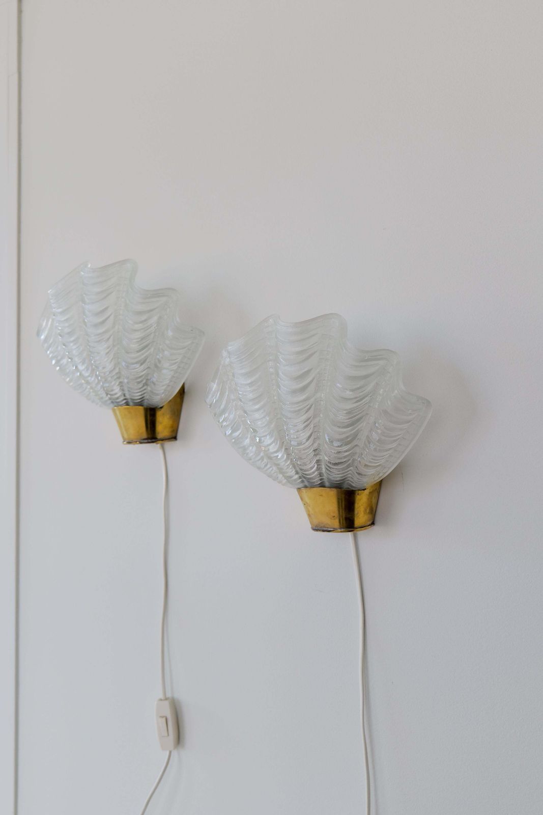 Midcentury Asea Brass And Glass Wall Lights, Seashell Design 1950s Sweden photo for sale