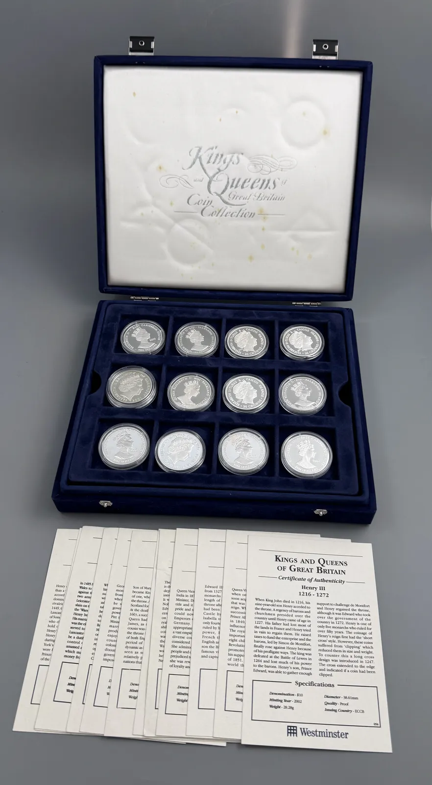 Silver Proof Coin Collection, "Kings And Queens Of Great Britain", Westminster Mint, 12 Coins, Cased With Certificates photo furniture