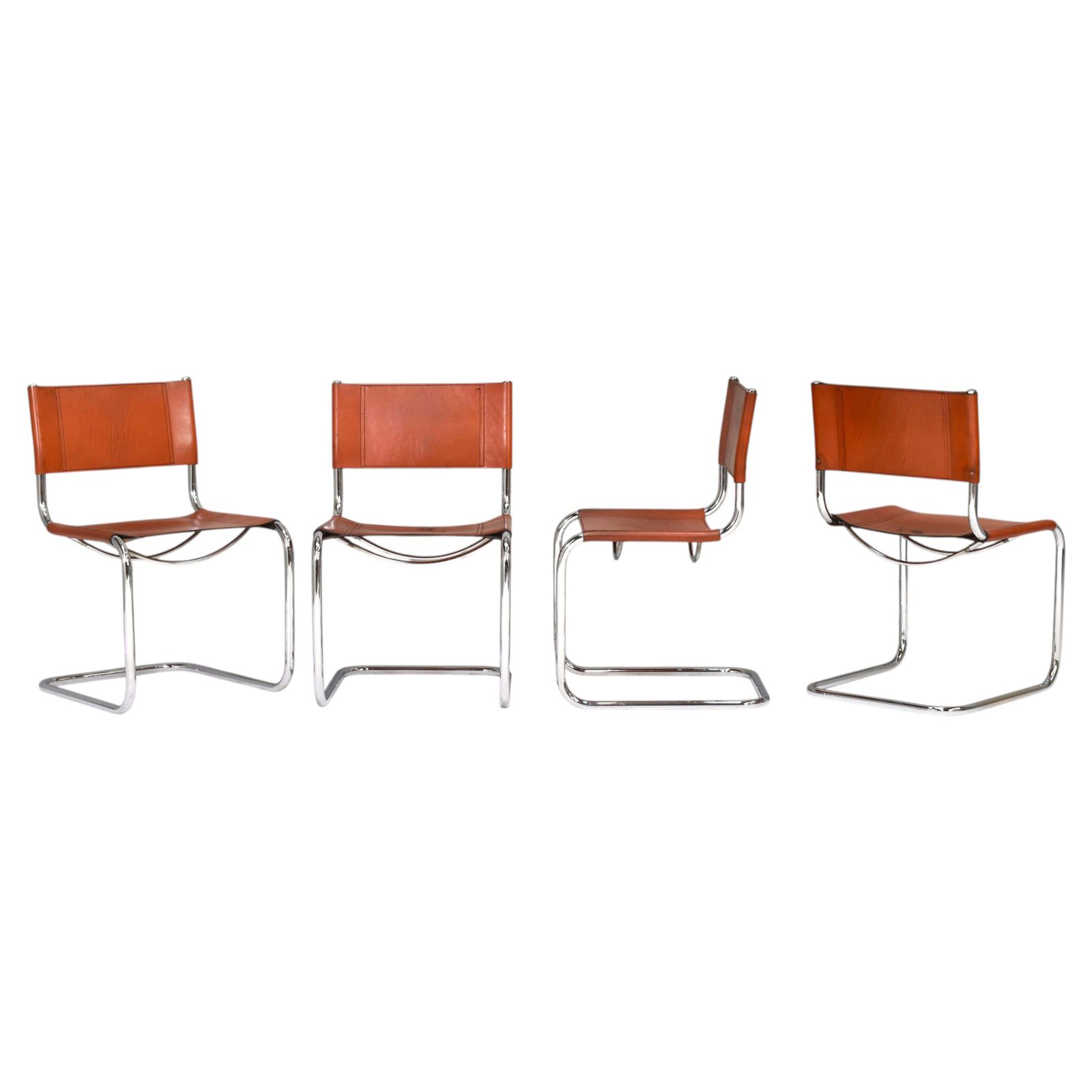 Set Of 4 Mart Stam S33 For Fasem Dining Chairs In Cognac Saddle Leather, 1970s
