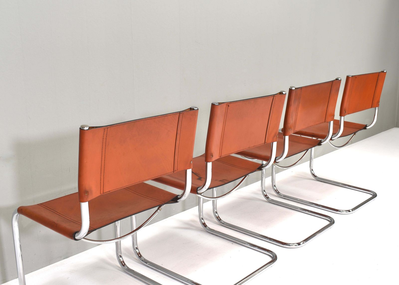 Set Of 4 Mart Stam S33 For Fasem Dining Chairs In Cognac Saddle Leather, 1970s photo vinterior