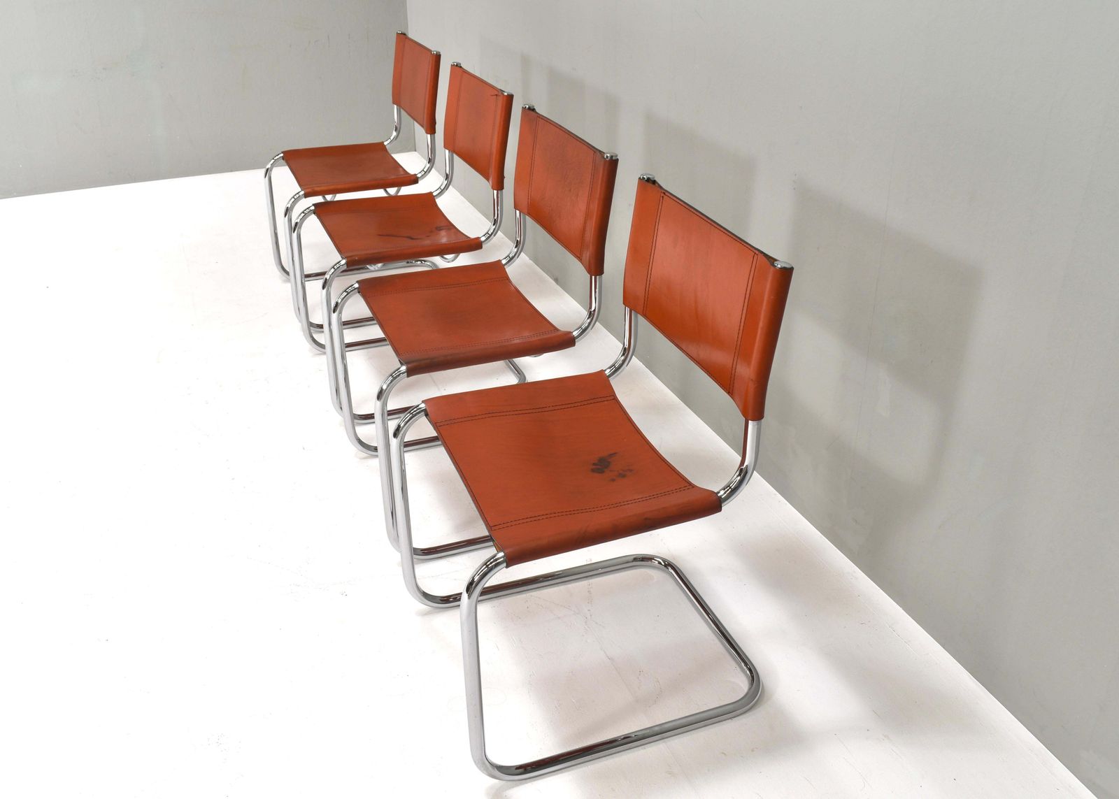 Set Of 4 Mart Stam S33 For Fasem Dining Chairs In Cognac Saddle Leather, 1970s photo vintage