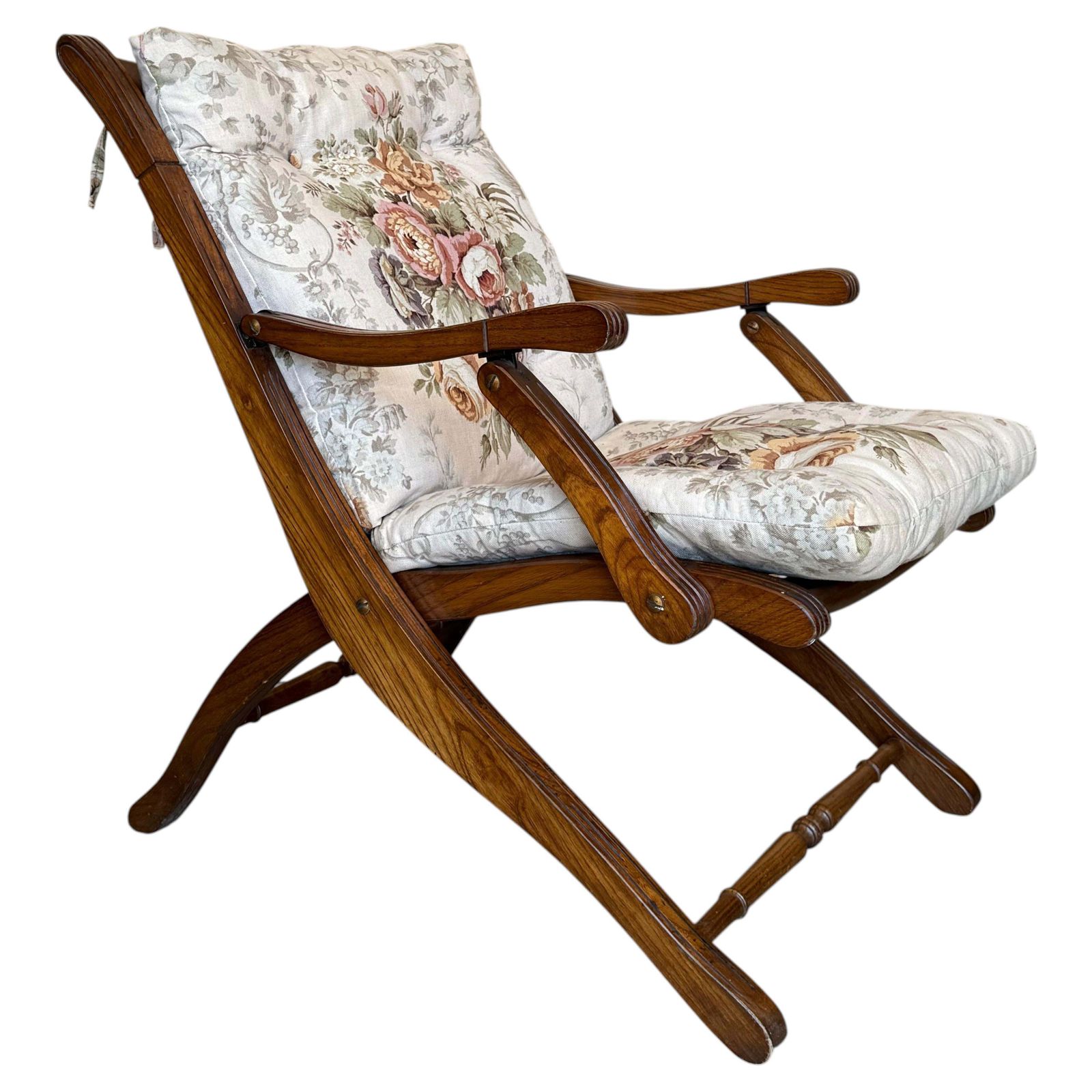 1930s French Wooden Folding Armchair With Upholstered Cushions