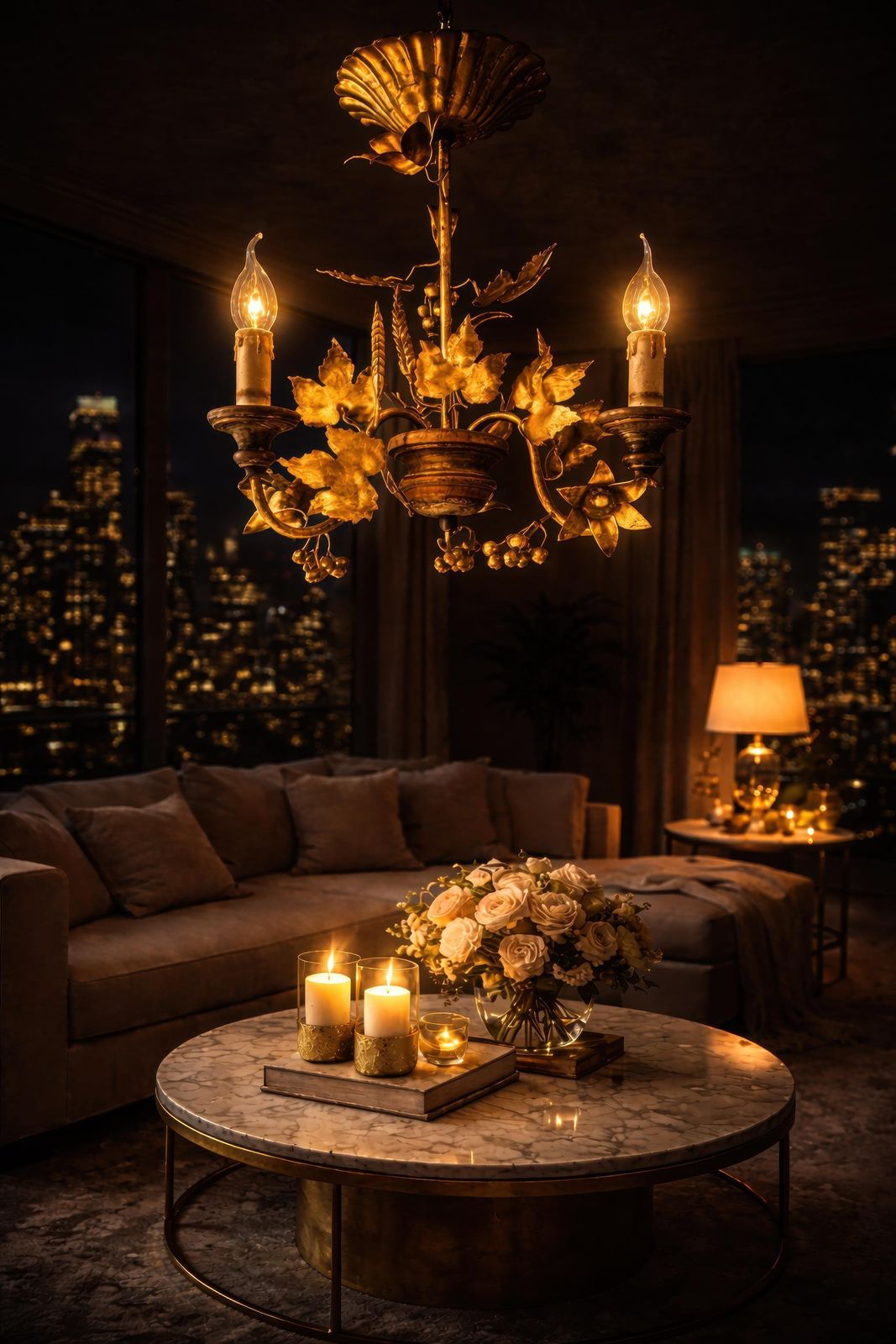Italian Florentine Gilt Tole Chandelier With Grapes And Wheat, 1960s photo vinterior