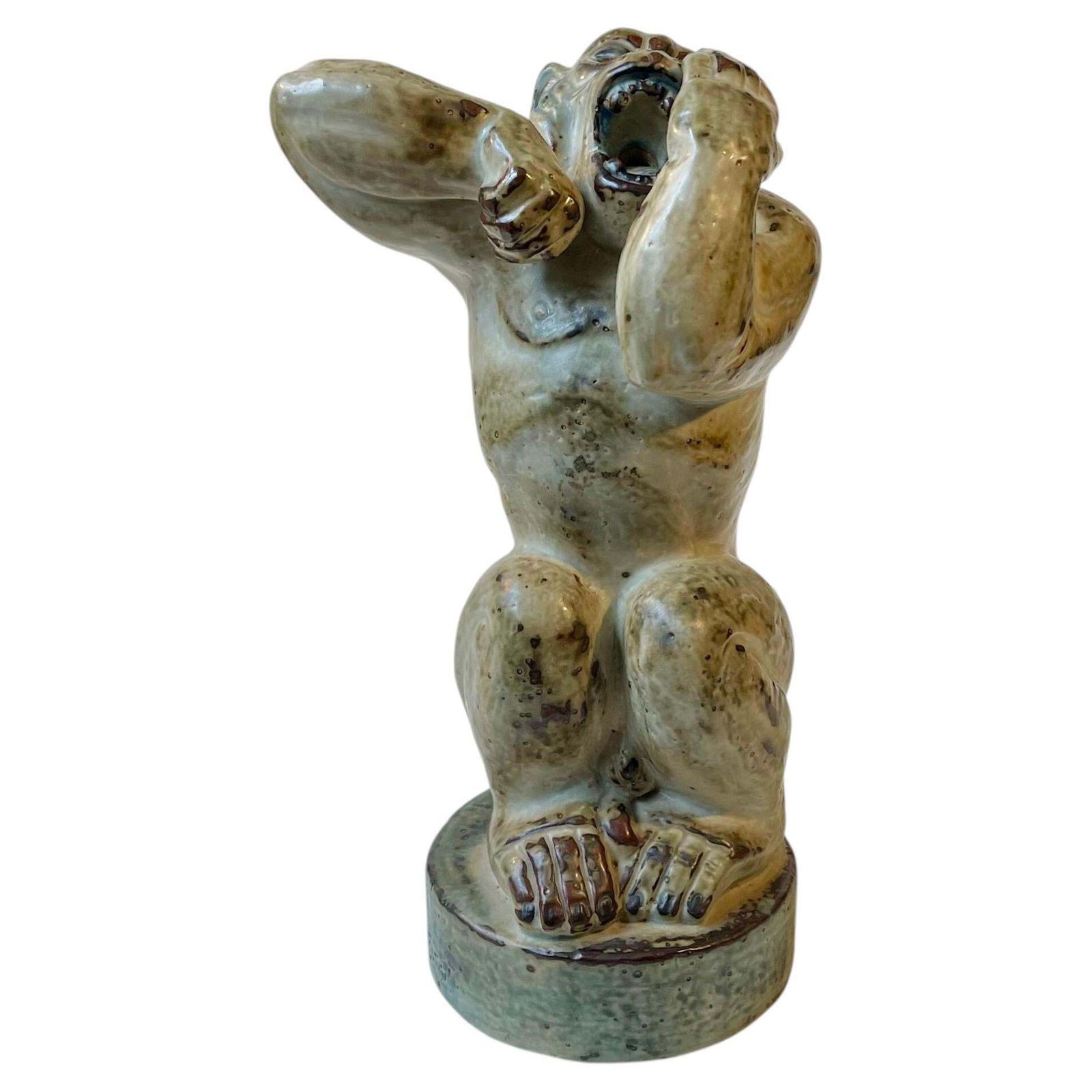 Knud Kyhn Roaring Gorilla In Glazed Stoneware For Royal Copenhagen, 1950s