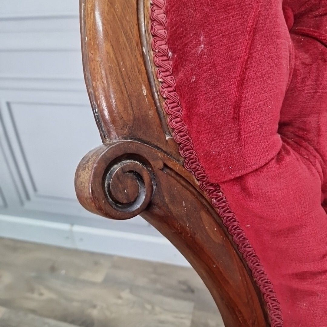 160.0 Antique Spoon Back Chair Victorian Carved Button Fireside Nursing Seat Resto photo