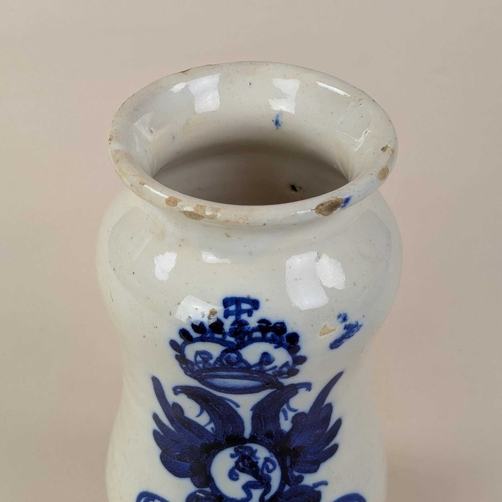 photo for sale Faience Apothecary Jar Albarello, Antique Italian Double Headed Eagle Blue White Ceramic Pharmacy Vessel