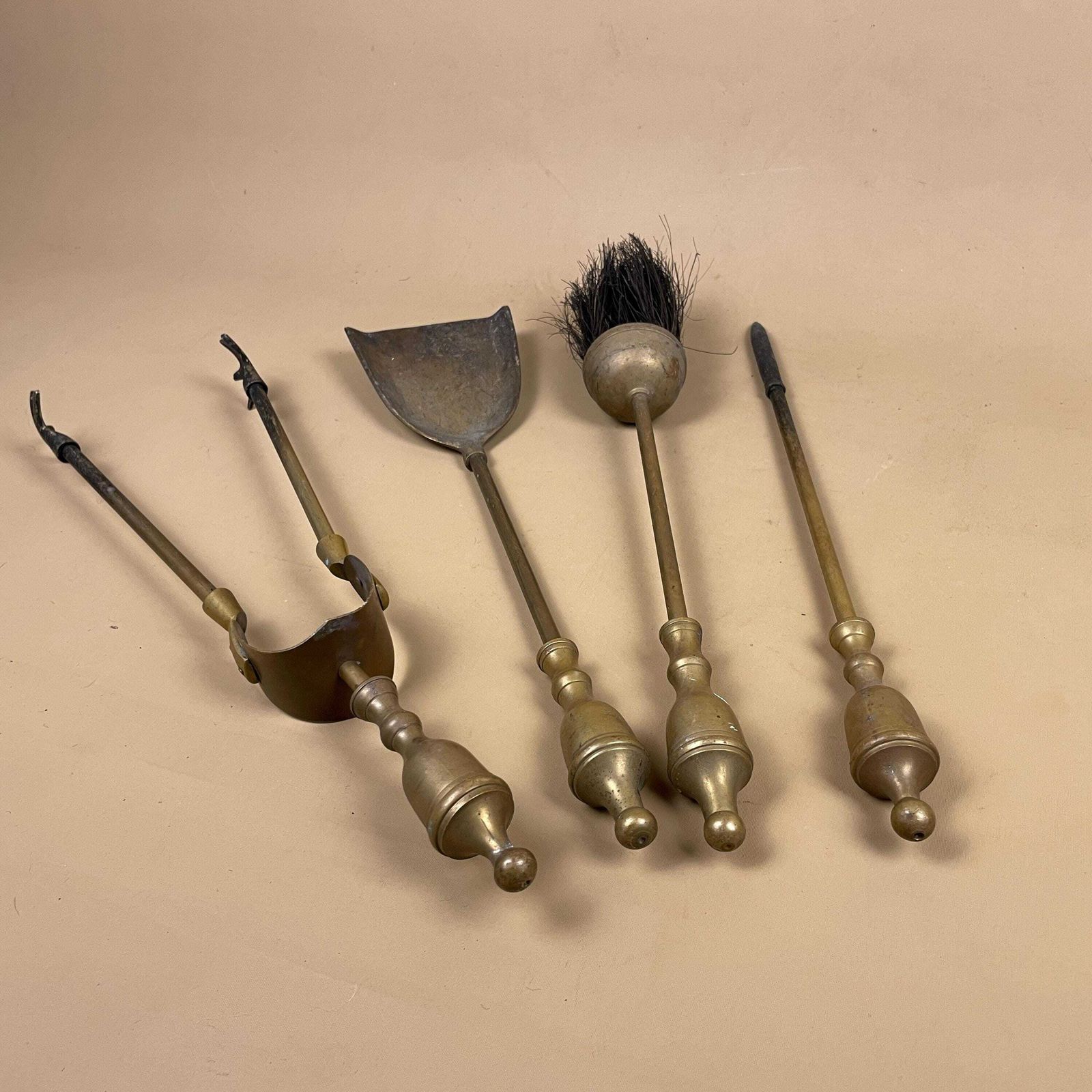 Antique Fireside Tools Gold Brass Metal Vintage Set Of 4 Fireplace Hearth Fire Tools Farmhouse Cottage Hearth Decor Brush Shovel Tongs photo for sale
