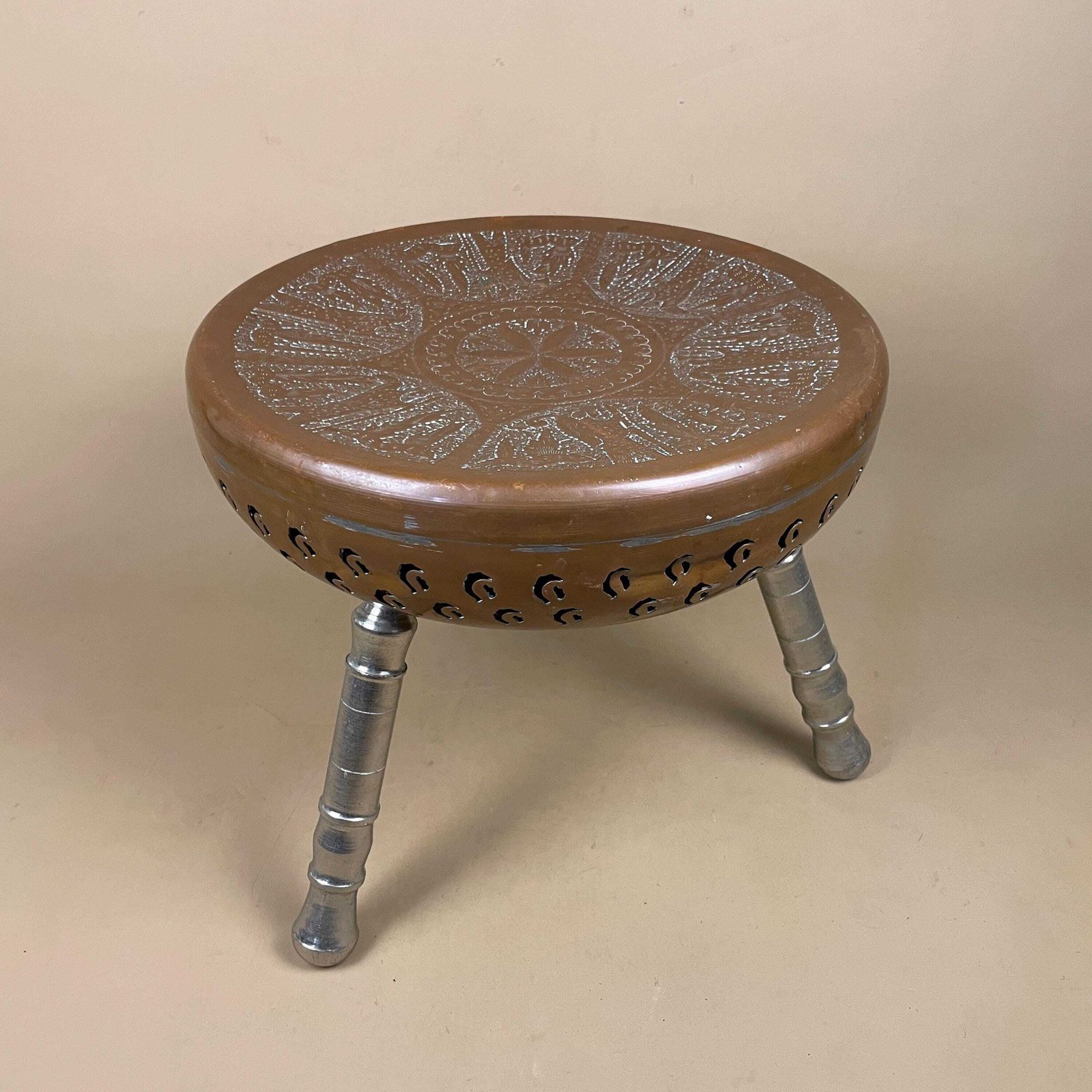 Indian Copper Foot Warmer Tripod Table Stool Ornate Low Heater Silver Legs Vintage Stand Metal