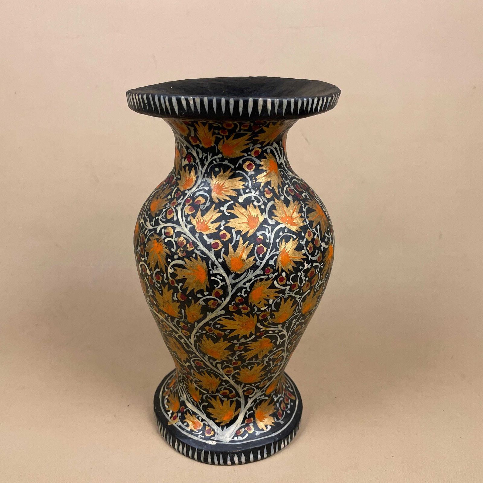 Indian Paper Mache Vase Hand Painted Black Floral Vintage Kashmiri Table Display Folk Art Collectible Handmade photo vinterior