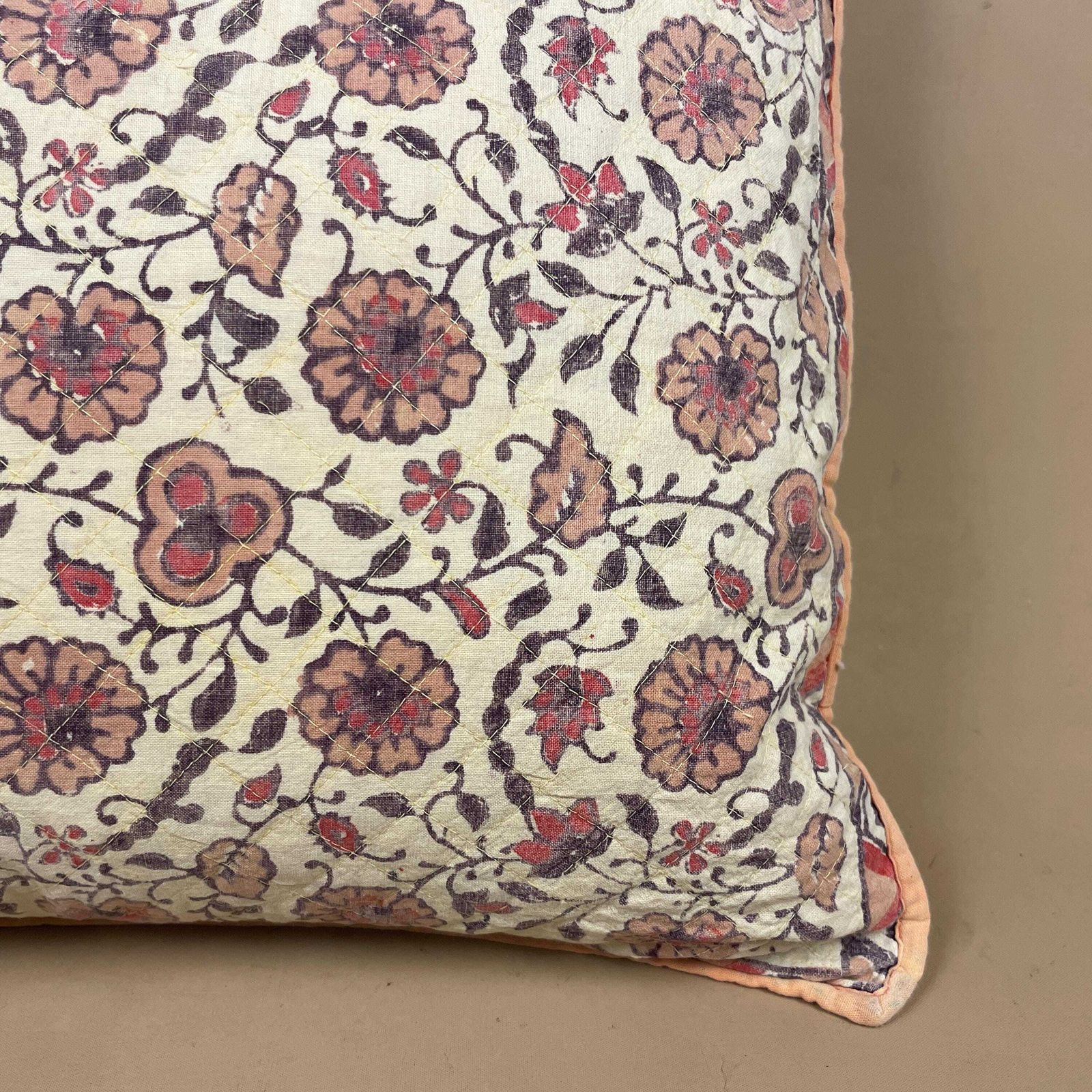 Indian Hand Printed Cushion Floral Quilted Feather Filled Pillow Cover Pale Muted Cream Piping Edge Vintage Scatter Sofa Throw Cushion photo Textiles