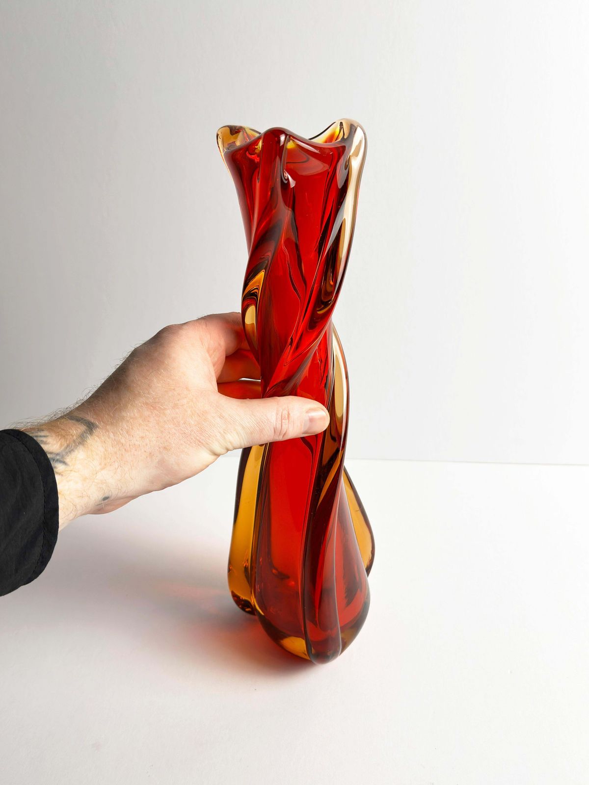 Mid Century Murano Vase Attributed To Galliano Ferro, Swung Glass, Red & Amber photo 250.0