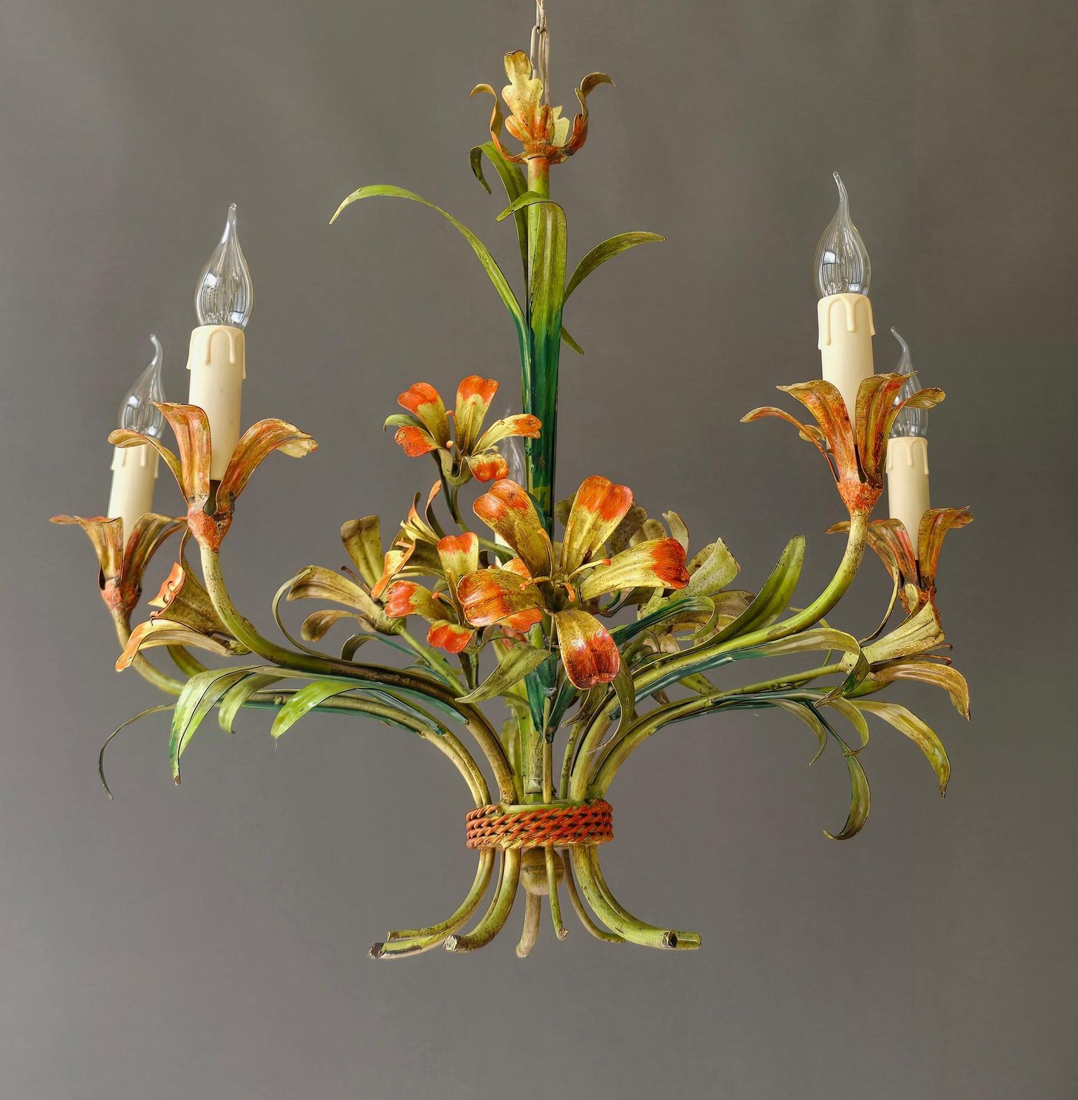Italian Tole Floral Chandelier, Hand Painted, 1960s photo furniture