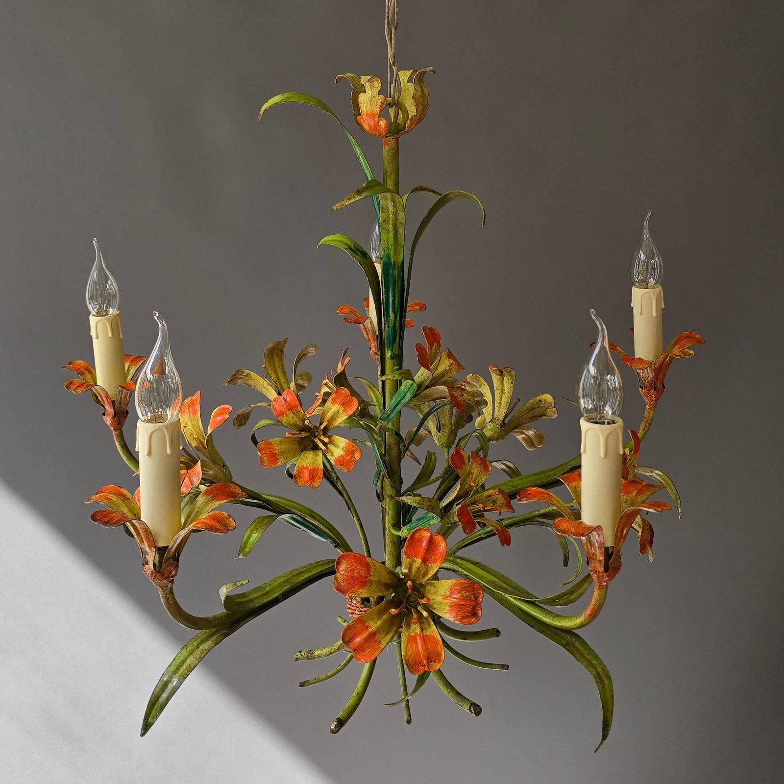 Italian Tole Floral Chandelier, Hand Painted, 1960s photo 1649.0