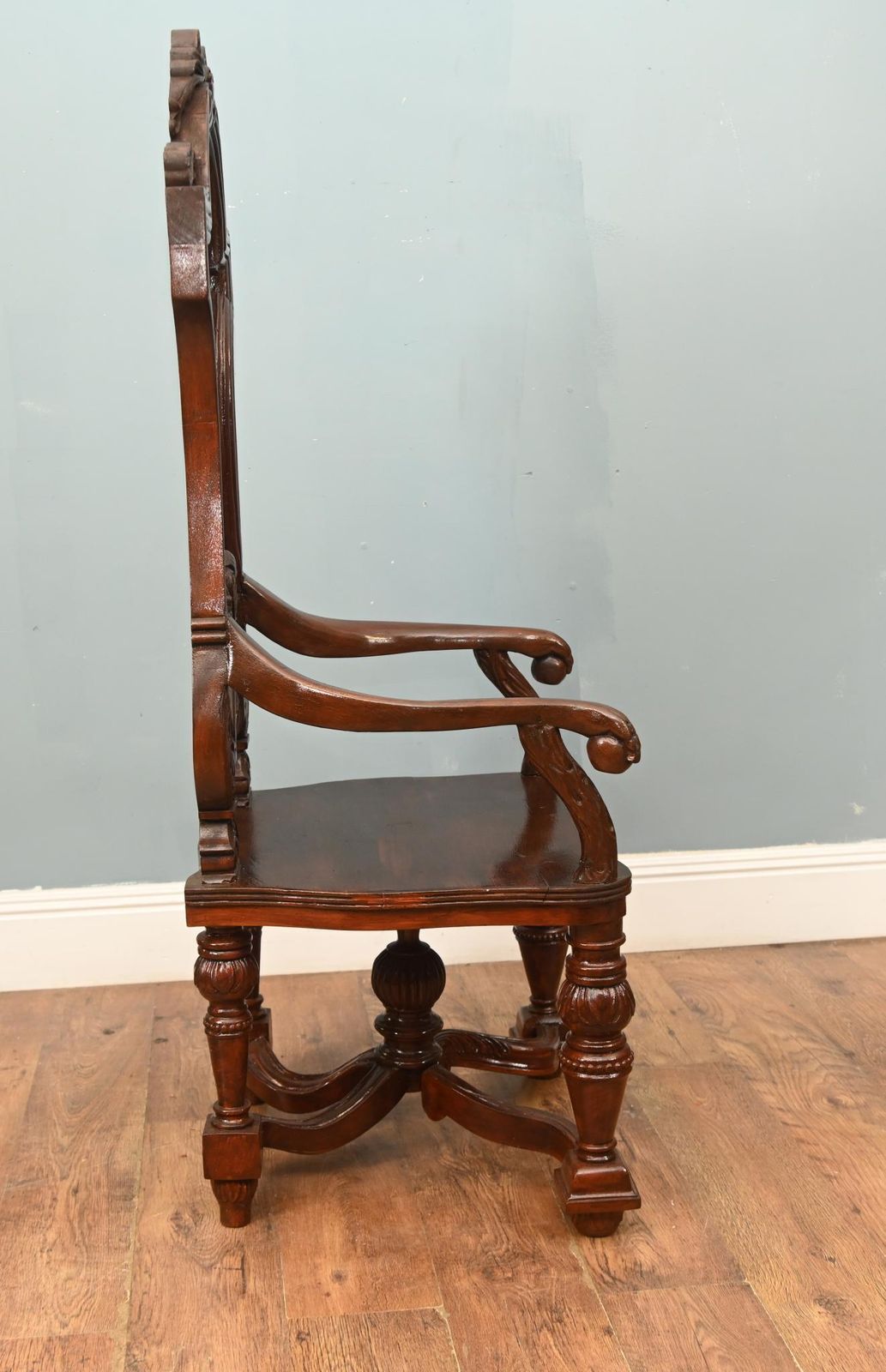 Pair Jacobean Hall Chairs Revival Arm Thrones Carved Oak photo buy
