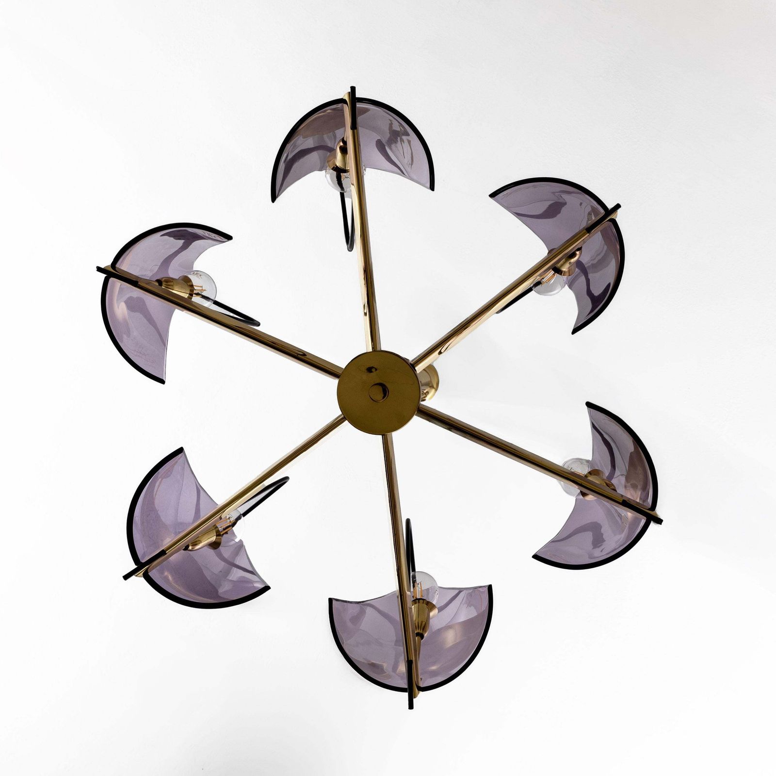 Italian Mid Century Stilux Milano Chandelier In Brass And Purple Plexiglass, 70s photo vinterior