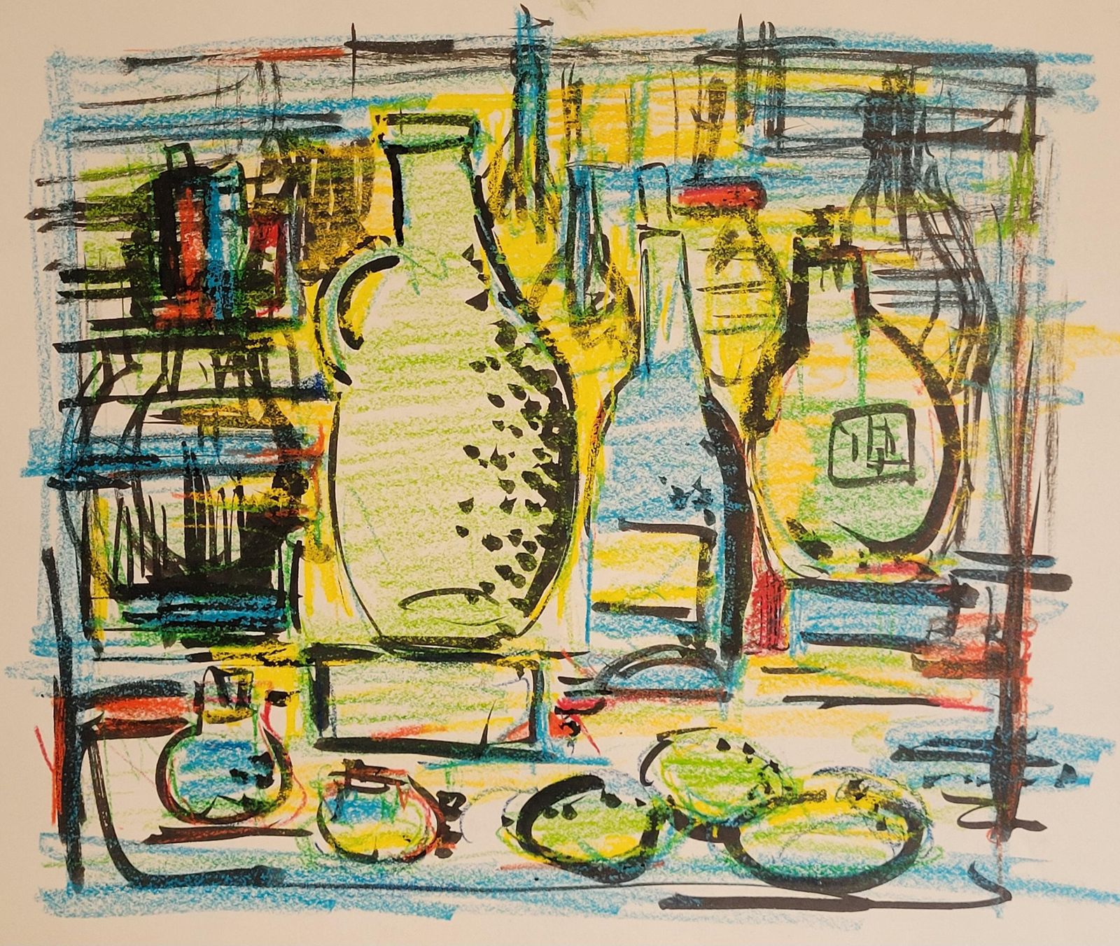 André Pierard Colorful Tablescape Still Life Of Bottles & Fruit. Gouache, Pastel. 54cm X 72cm. 1970s