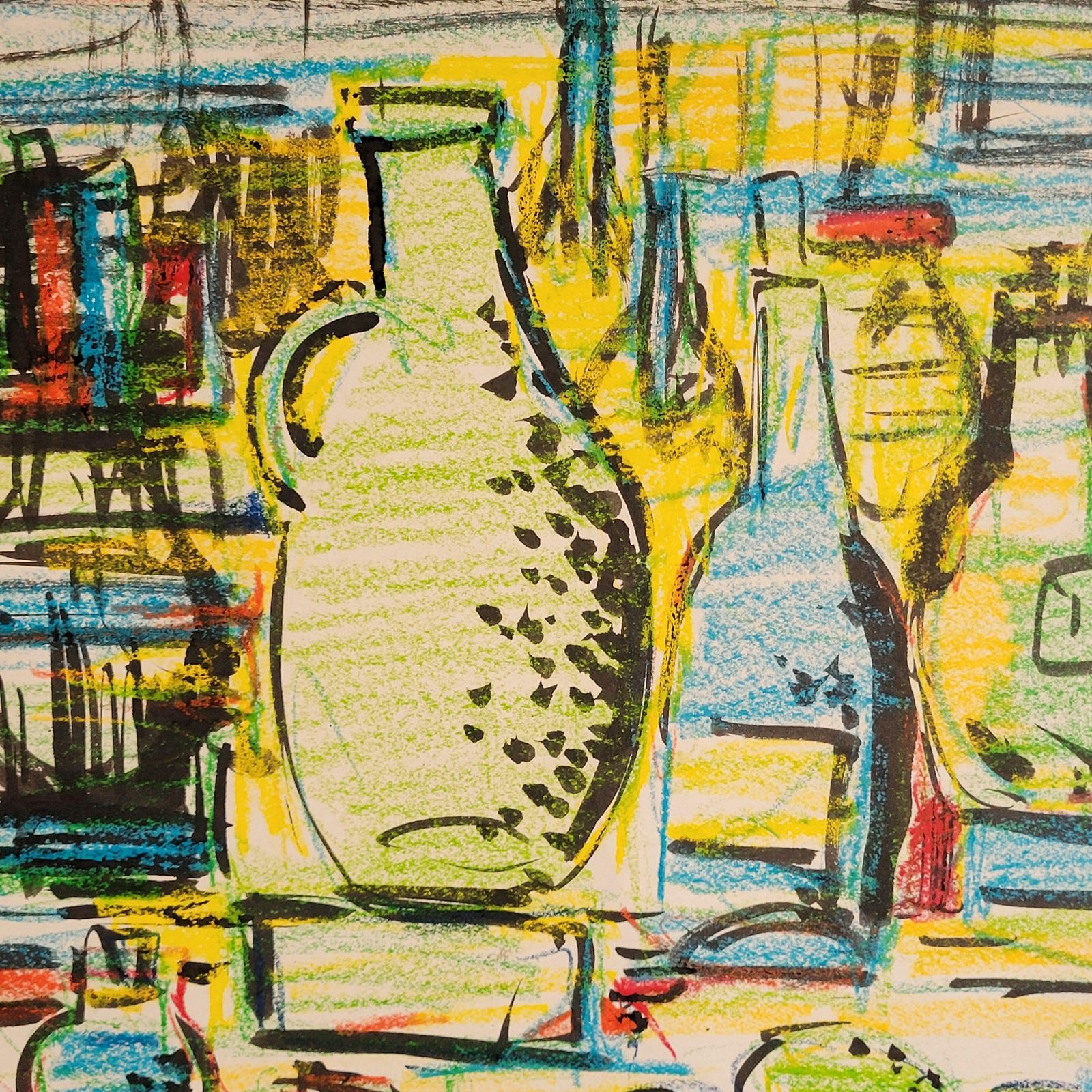 André Pierard Colorful Tablescape Still Life Of Bottles & Fruit. Gouache, Pastel. 54cm X 72cm. 1970s photo furniture