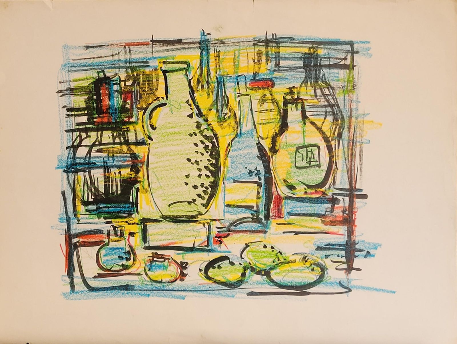 Art André Pierard Colorful Tablescape Still Life Of Bottles & Fruit. Gouache, Pastel. 54cm X 72cm. 1970s photo
