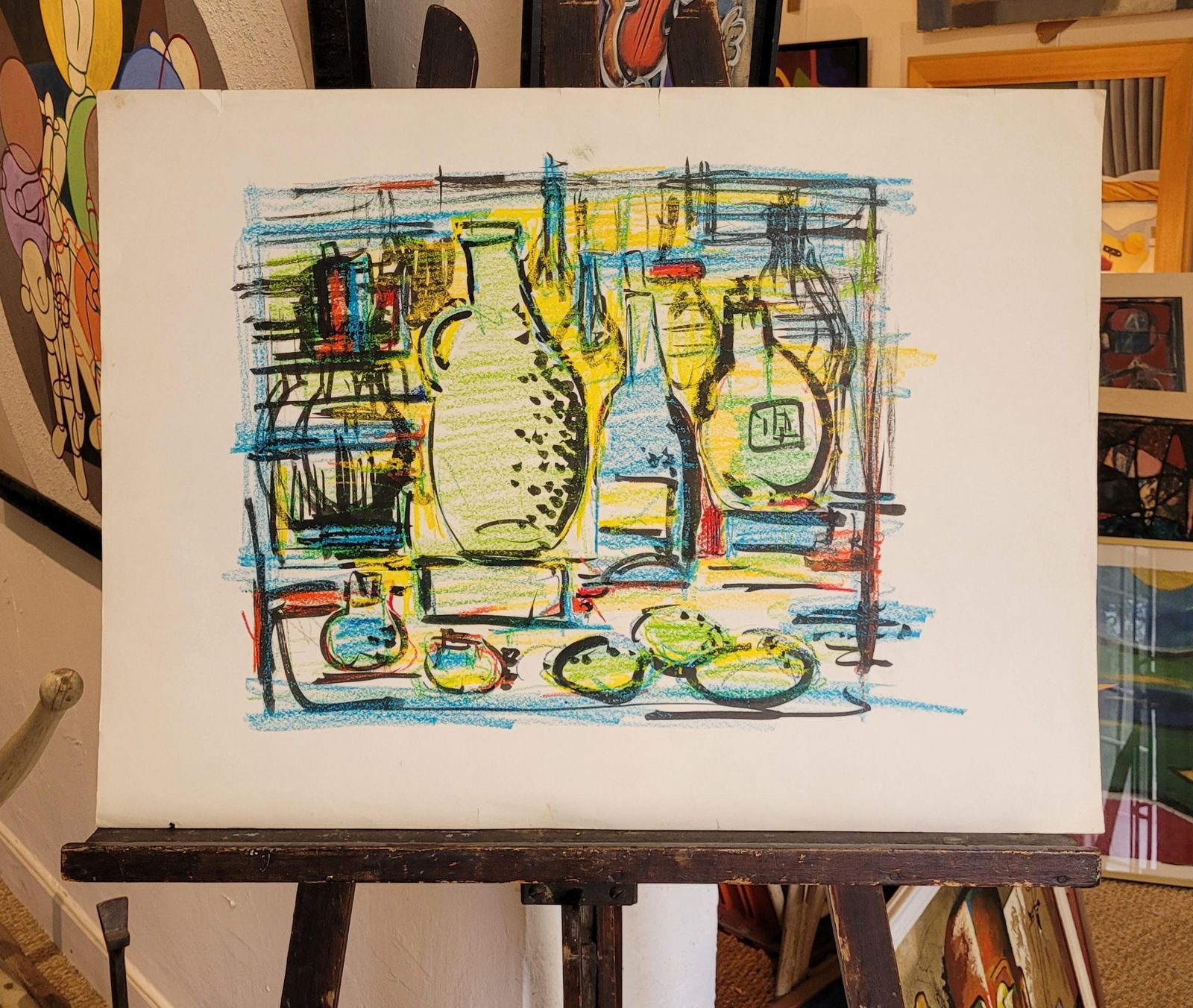 434.0 André Pierard Colorful Tablescape Still Life Of Bottles & Fruit. Gouache, Pastel. 54cm X 72cm. 1970s photo