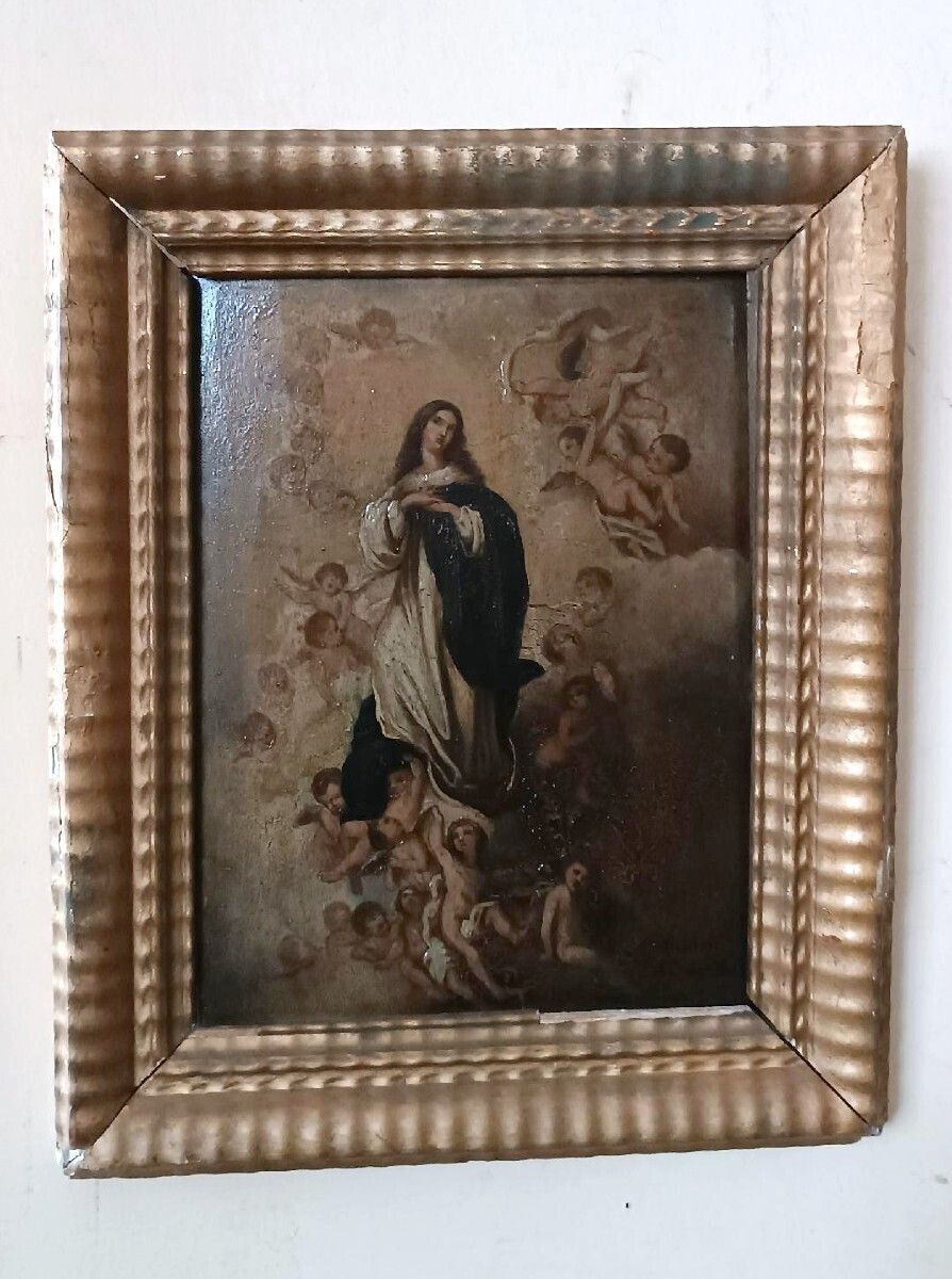 Antique Oil Painting On Wood, Depicting The Immaculate Conception, 18th Century