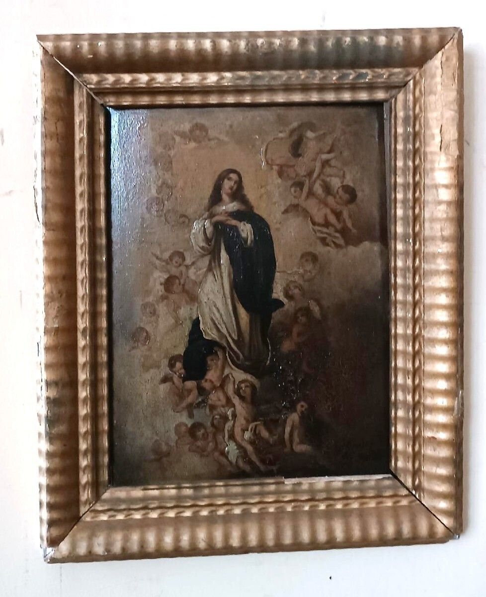 Antique Oil Painting On Wood, Depicting The Immaculate Conception, 18th Century photo furniture