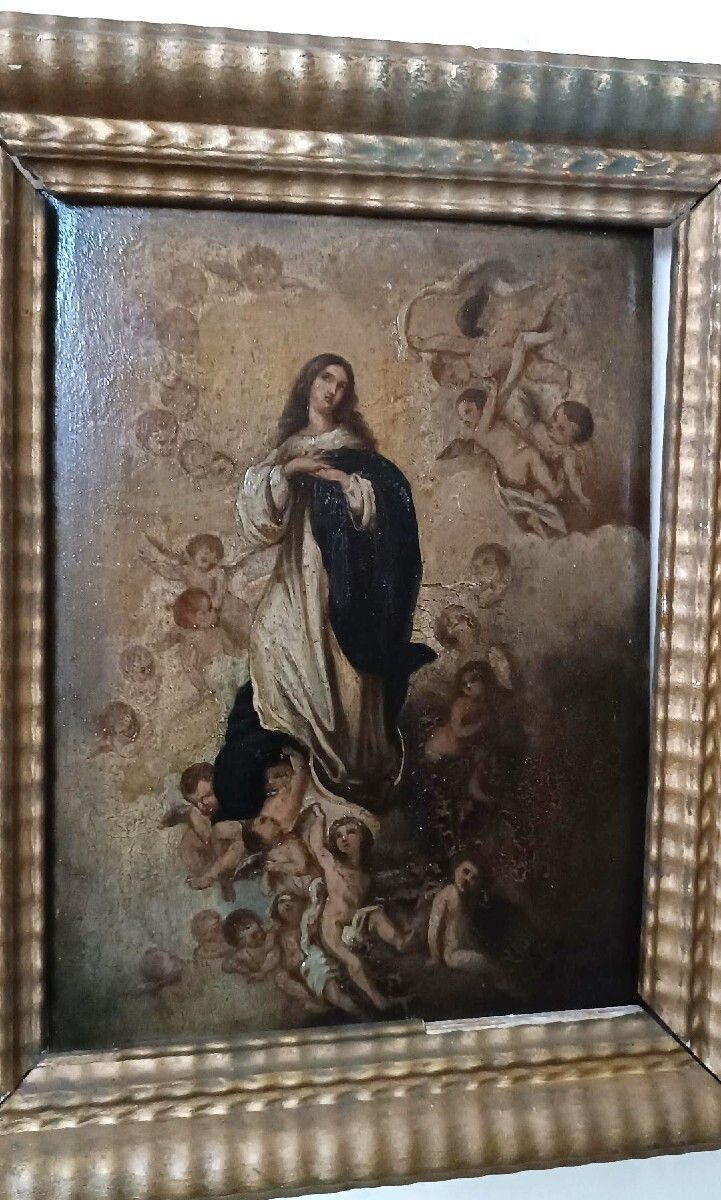 Antique Oil Painting On Wood, Depicting The Immaculate Conception, 18th Century photo Art