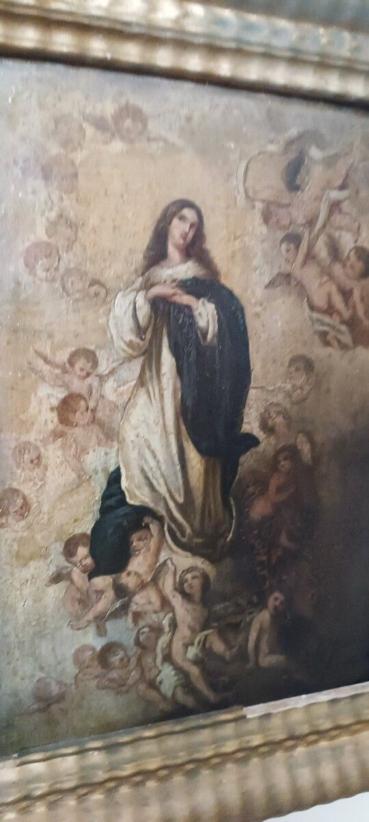 Antique Oil Painting On Wood, Depicting The Immaculate Conception, 18th Century photo vinterior