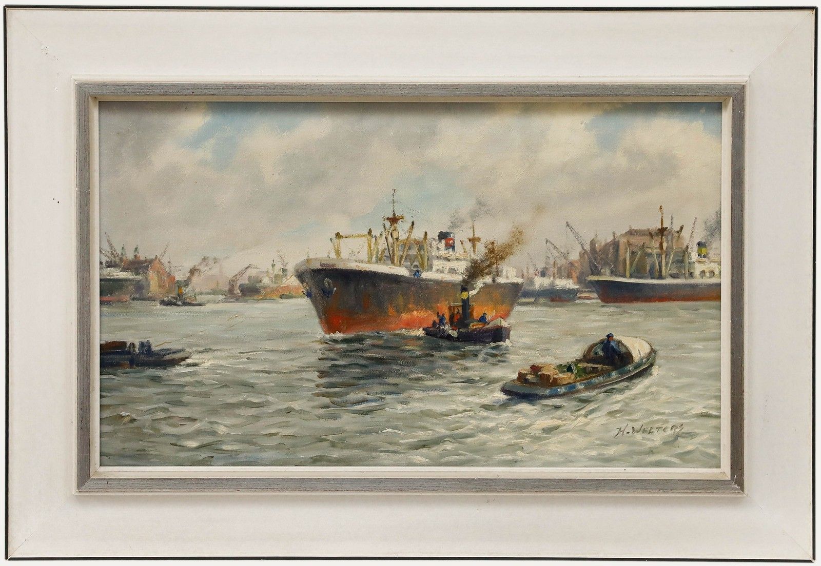 H. Welters Framed Mid 20th Century Oil, Coming In To Dock