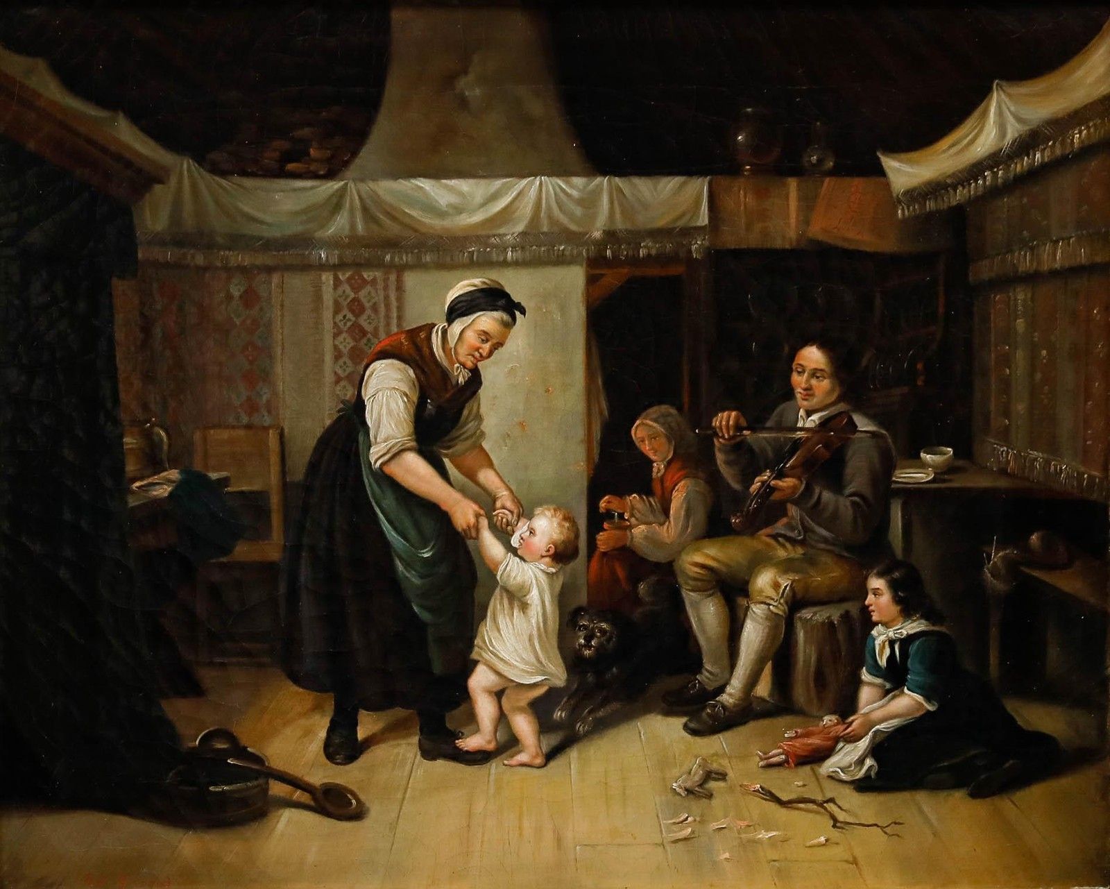 Fine Dutch School 19th Century Oil Baby's First Steps photo furniture