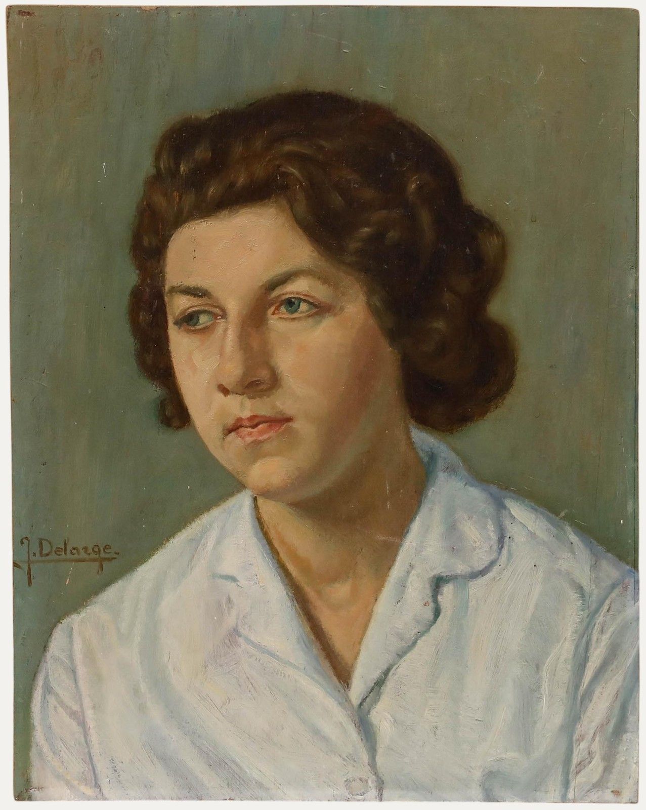 J. Delarge Mid 20th Century Oil, Women In The Collared Blouse