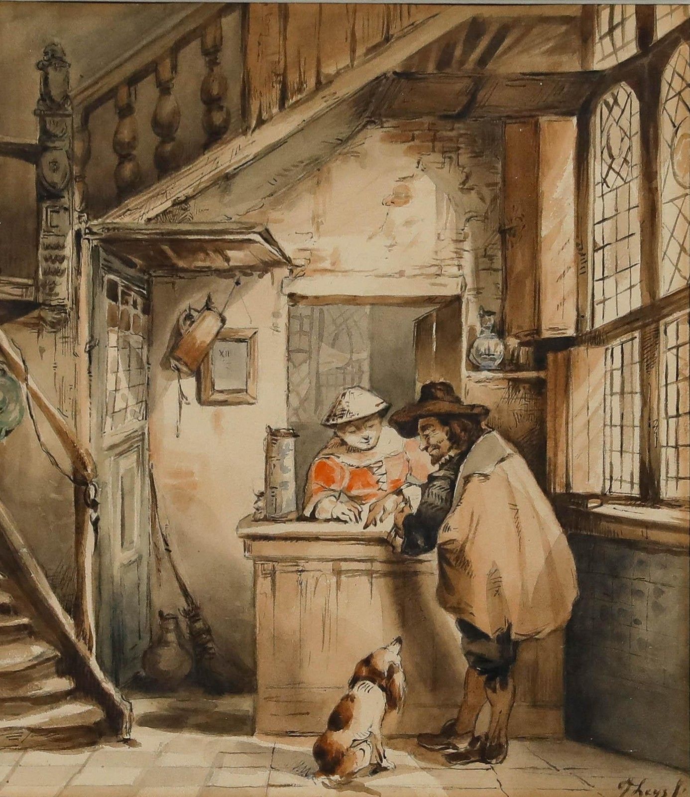 J. Theys Framed 19th Century Watercolour, At The Inn photo furniture