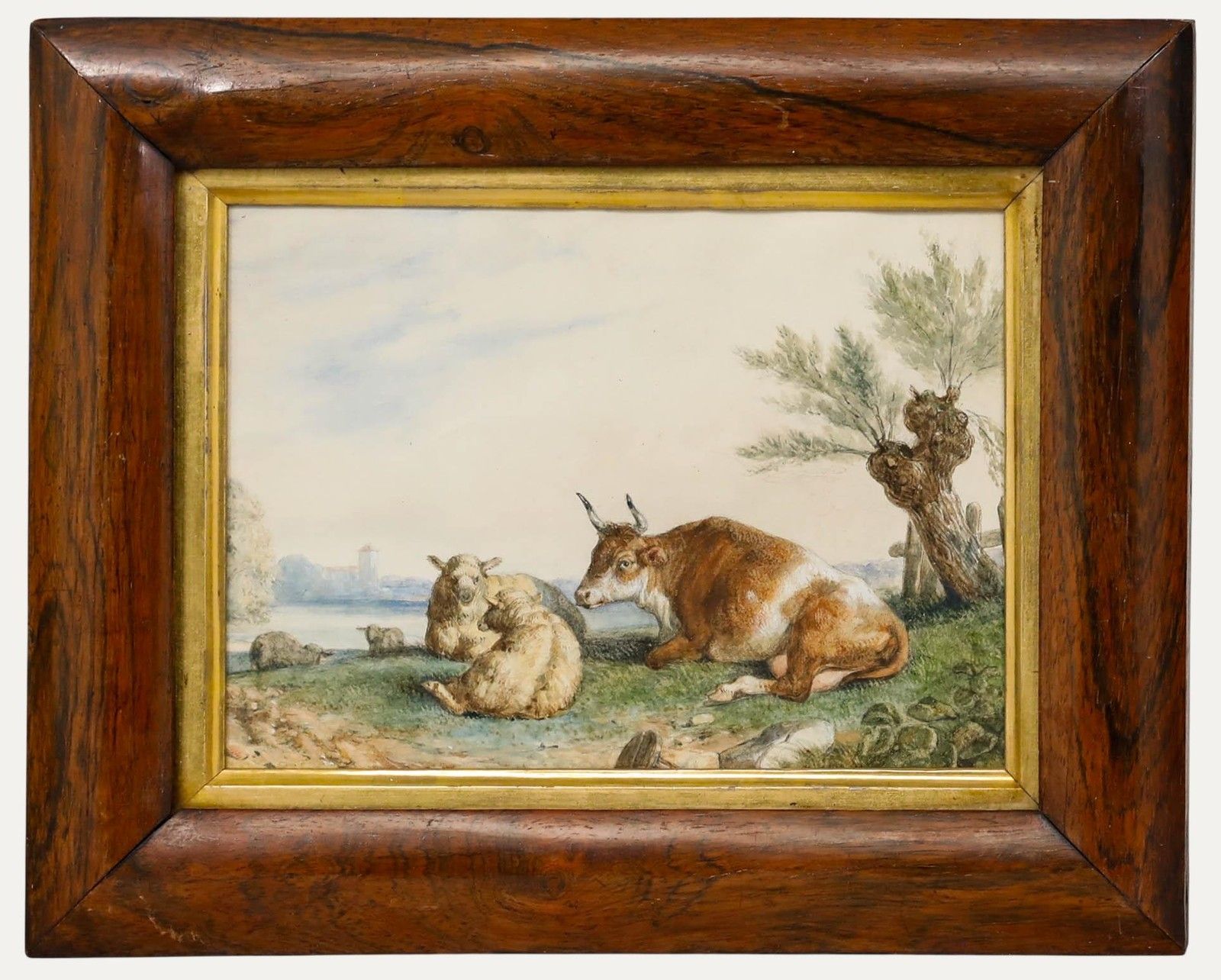 Framed 19th Century Watercolour Bull And Ewes By The Lake
