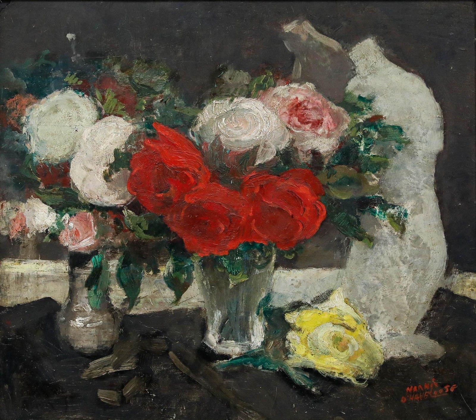 Marnix D'haveloose (1885 1973) Framed Oil, Still Life With Roses photo furniture