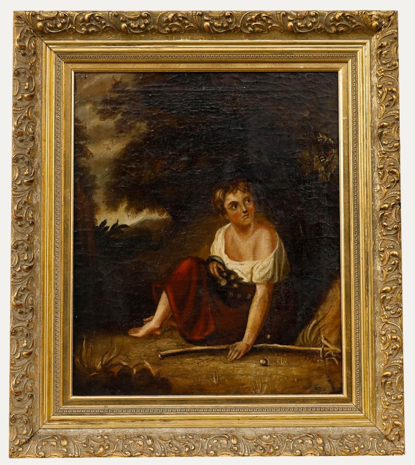 Framed 19th Century Oil Resting In A Wooded Glade